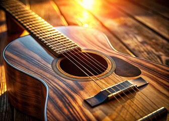 Naklejka premium Drone View Close-Up Acoustic Guitar Detail, Sunlit Wood Grain Texture