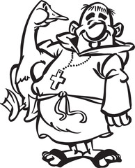 illustration sketch caricature silhouette of monk priest lifting duck