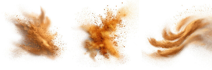 Set of curry powder particles in soft cloud and swirl formations, gently floating and spreading, isolated on transparent background for food, recipe, or spice product design use
