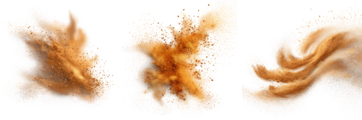 Set of curry powder particles in soft cloud and swirl formations, gently floating and spreading, isolated on transparent background for food, recipe, or spice product design use