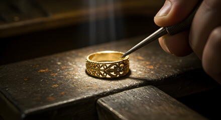 Goldsmith Crafting Intricate Gold Ring on Workbench in Dimly Lit Workshop Jewelry Making Process