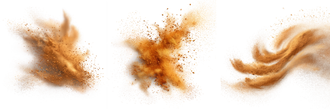 Set of curry powder particles in soft cloud and swirl formations, gently floating and spreading, isolated on transparent background for food, recipe, or spice product design use