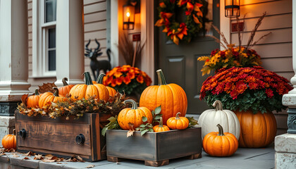 Exterior design cozy atmospheric halloween pumpkins in wooden boxes decorated on porch. Autumn leaves and fall flowers celebration holiday Thanksgiving October season outdoors in city, grunge. isola