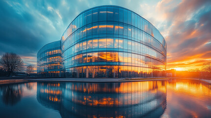 Modern office buildings with glass facades reflect golden sunset light across a calm riverside, symbolizing growth, prosperity, innovation, and prime real estate investment opportunities.

