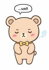 Obraz premium Cartoon illustration depicting a beige bear with a perplexed expression and a speech bubble that says '...well' against a plain backdrop