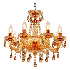 A Stunning Crystal Chandelier in Shades of Amber and Gold Finish with Crystal Drops Isolated on Transparent Background