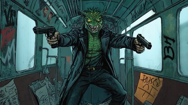 Lizard-man with guns on subway train