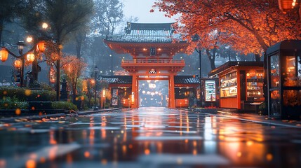 Obraz premium Rainy Autumn Evening in Japan: Tranquil Reflections at a Traditional Gate