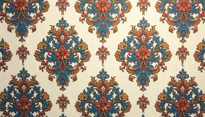 Intricate floral damask pattern in muted tones, beige, wall