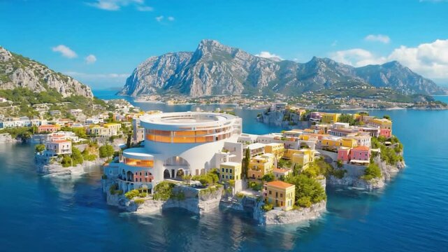Aerial view of colorful coastal city on islands, modern architecture, sunny day