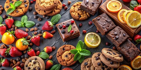 Colorful assorted cookies and brownies on a dark background with a scattered arrangement of fresh fruit slices and chocolate chips, cookies, dessert