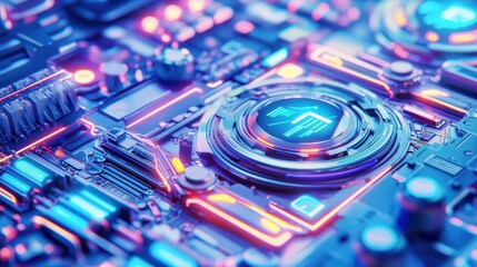 Fototapeta premium Abstract Technology Background: Futuristic Circuit Board with Neon Glow