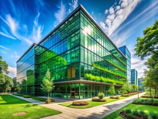 Obraz premium Eco-Friendly Modern Glass Office Building Reducing Carbon Dioxide Emissions - Sustainable Architecture