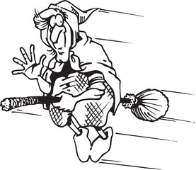 silhouette caricature illustration of a witch using a broomstick