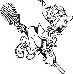 silhouette caricature illustration of a witch using a broomstick