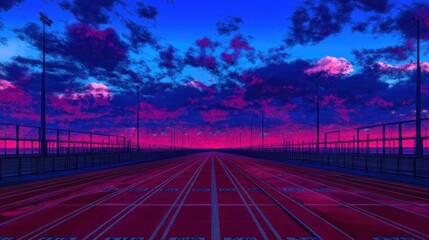 Running track at sunset with pink and purple sky
