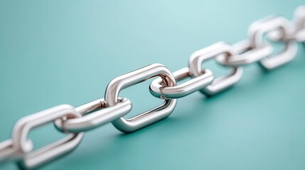 Obraz premium Chain Link Metallic Connection Concept on Teal Background. Strength, Security, Partnership