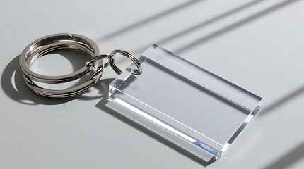 Minimalist clear acrylic keychain with metal rings casting shadows on a neutral background, perfect for mockups, branding templates, or promotional product presentations

