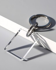 Minimalist clear acrylic keychain with metal rings casting shadows on a neutral background, perfect for mockups, branding templates, or promotional product presentations

