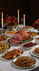 Obraz premium Festive holiday dinner table setting with ham, side dishes, candles, and floral arrangements