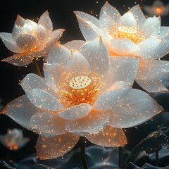 Glowing Lotus Flowers, Dark Background, Peaceful Scene, Meditation