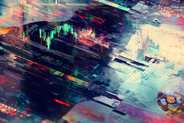 Abstract digital art piece with overlaid financial data.