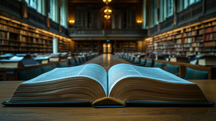 Open law book lies on a wooden desk in a courtroom setting, with modern white legal volumes in the background, symbolizing tradition, legal research, education, and the evolution of justice.

