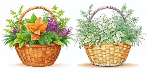 Fototapeta premium Elegant Botanical Plant Basket Line Art Illustration for Branding & Packaging Design