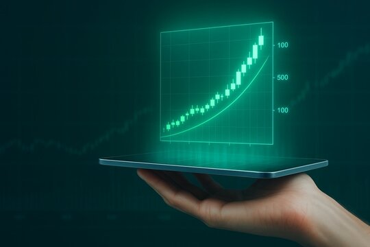 Hand holding tablet displaying rising bar graph on dark background