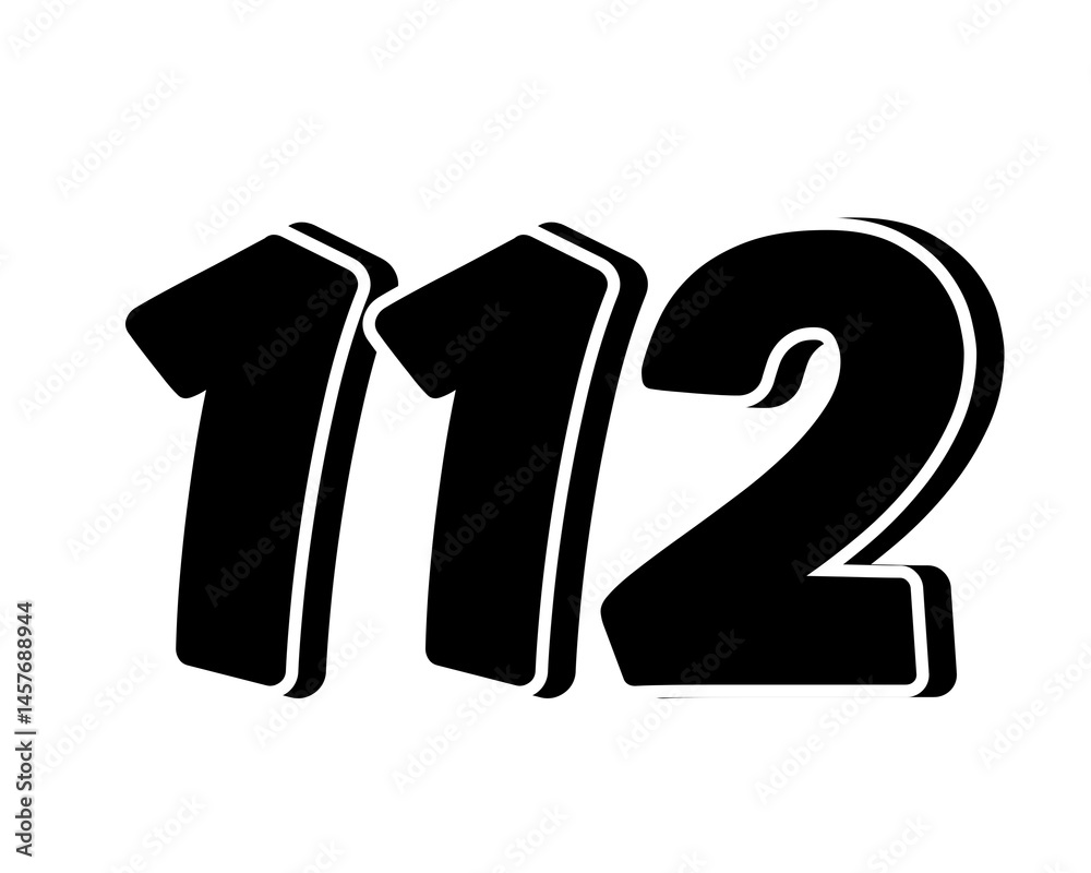 Poster stylized black number 112 on transparent background, with a bold, 3d appearance and shadow effects f