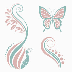 Butterfly Floral Designs In Pastel Color Palette With Decorative Elements