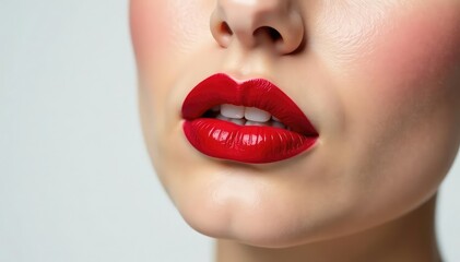 Obraz premium Close-up vibrant red lipstick, stark white backdrop, luxury, shade, lip product