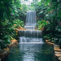 Tropical greenhouse scene with a cascading waterfall surrounded by vivid green foliage, serene atmosphere 