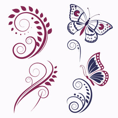 Elegant Floral And Butterfly Vector Elements In Purple And Blue Shades