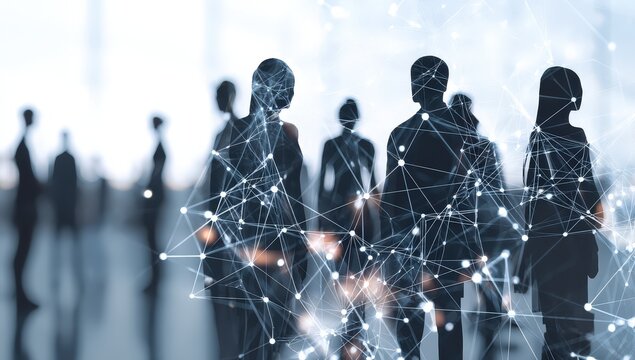 Silhouettes connected by network points.