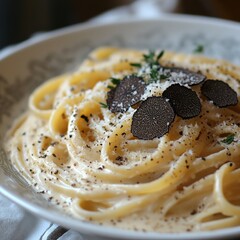 truffle-infused pasta dish with shaved black truffles parmesan and cream sauce 
