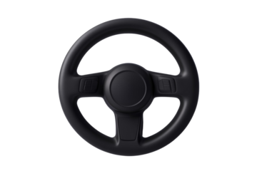 Black steering wheel with a white background, isolated