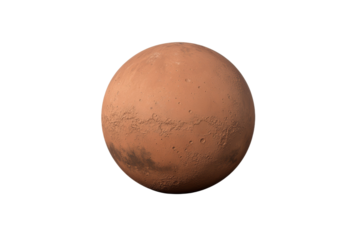 Large, round, red planet with a rocky surface, isolated