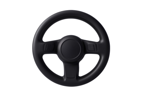 Black steering wheel with a white background, isolated