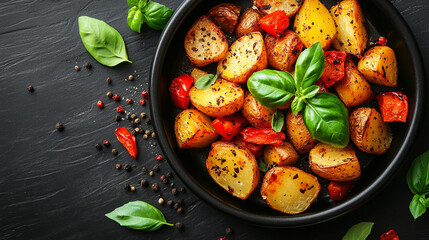 Golden oven-roasted potatoes in a baking tray symbolize warmth, comfort, and the simplicity of home-cooked meals, capturing the essence of rustic food preparation and nourishing tradition.


