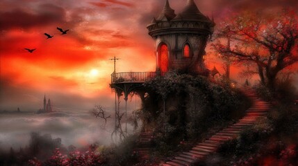 Gothic tower at sunset overlooking misty valley