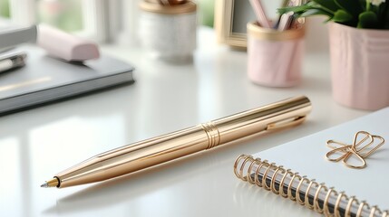 Refined gold pen resting on a spiral notebook, complete with a golden paperclip accent, on a table. PNG image, PNG file.