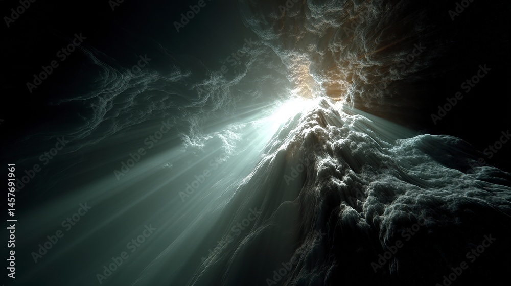 Poster abstract light patterns creating a dramatic visual effect in dark space.