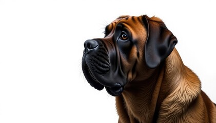 Fototapeta premium Imposing mastiff, head tilt, pure white backdrop, portrait, ears
