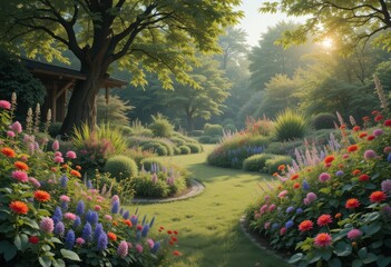 A dreamy garden path with soft sunlight, surrounded by flowers, tall trees, and artistic female sculptures, creating a peaceful and magical atmosphere.