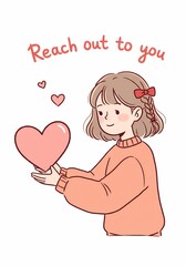 Whimsical cartoon of a girl tenderly offering a heart, spreading affection and love, creating a feeling of warmth and care, sharing joy and happiness