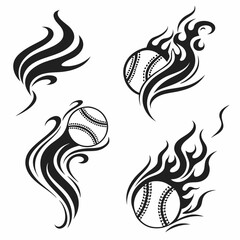 Baseball Fire Flame Graphic Set In Black And White Tattoo Style