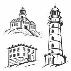 Lighthouse And Houses Vector Illustration Set Maritime Navigation Architecture Design