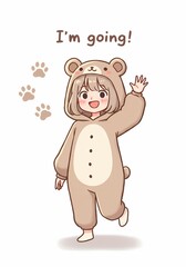 Fototapeta premium Whimsical wanderlust: An adorable cartoon child in a bear onesie embarks on a playful adventure of imagination and fun, evoking joy and curiosity