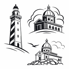 Coastal Landmarks Lighthouse And Churches Black And White Vector Graphics